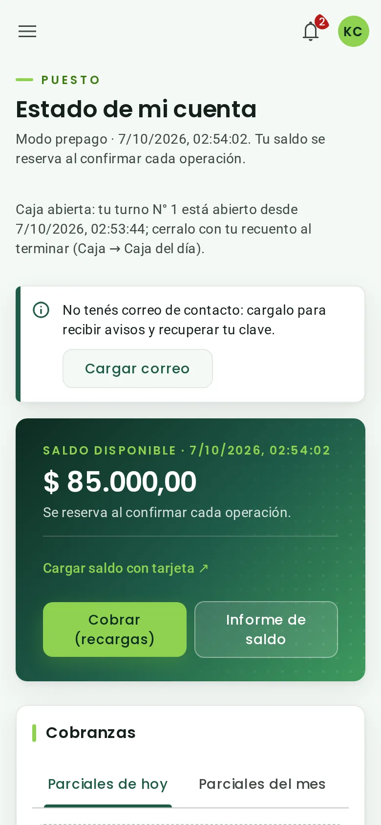 Estado de cuenta del puesto en el celular, con saldo y acceso a sus operaciones