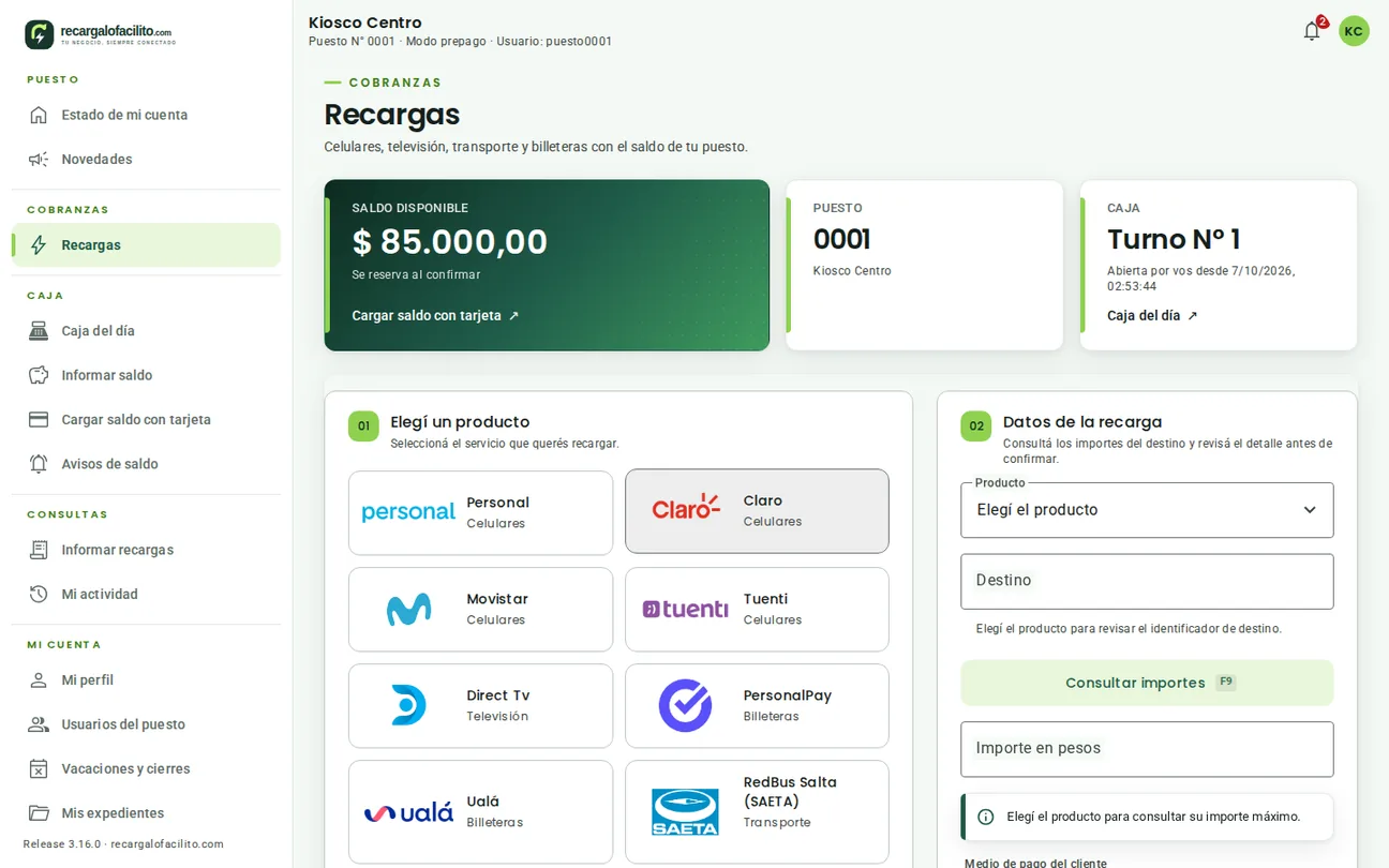 Panel de recargas con productos, saldo disponible y estado de la caja